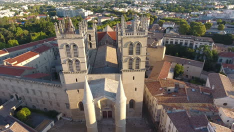 Sunrise-on-Cathedral-and-Medical-Faculty-Montpellier-France-drone-view